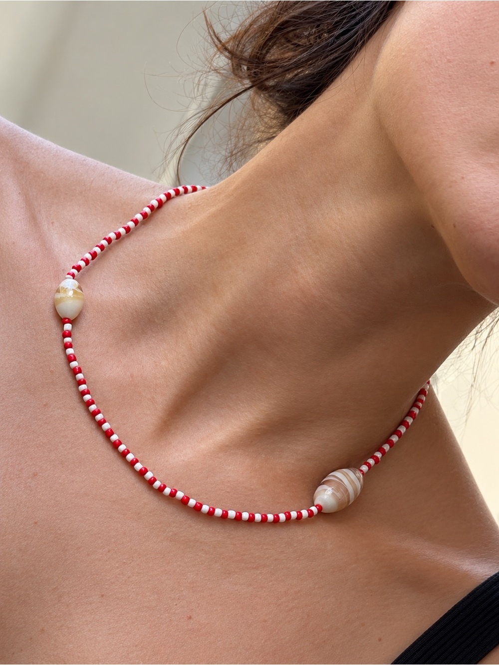 Red and White Beaded Shell Necklace with Natural Accents